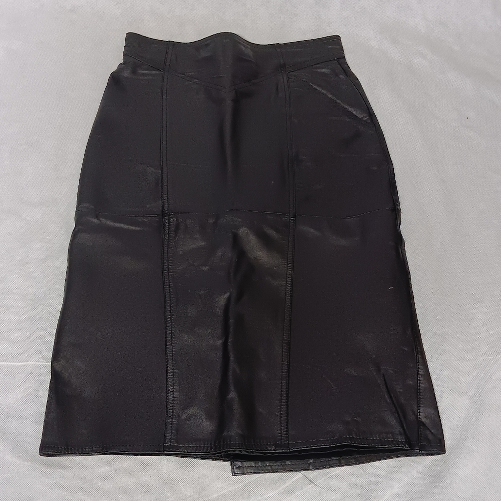 La Vogue Genuine Black Leather Skirt 8 Lined A-Line Vintage 80's